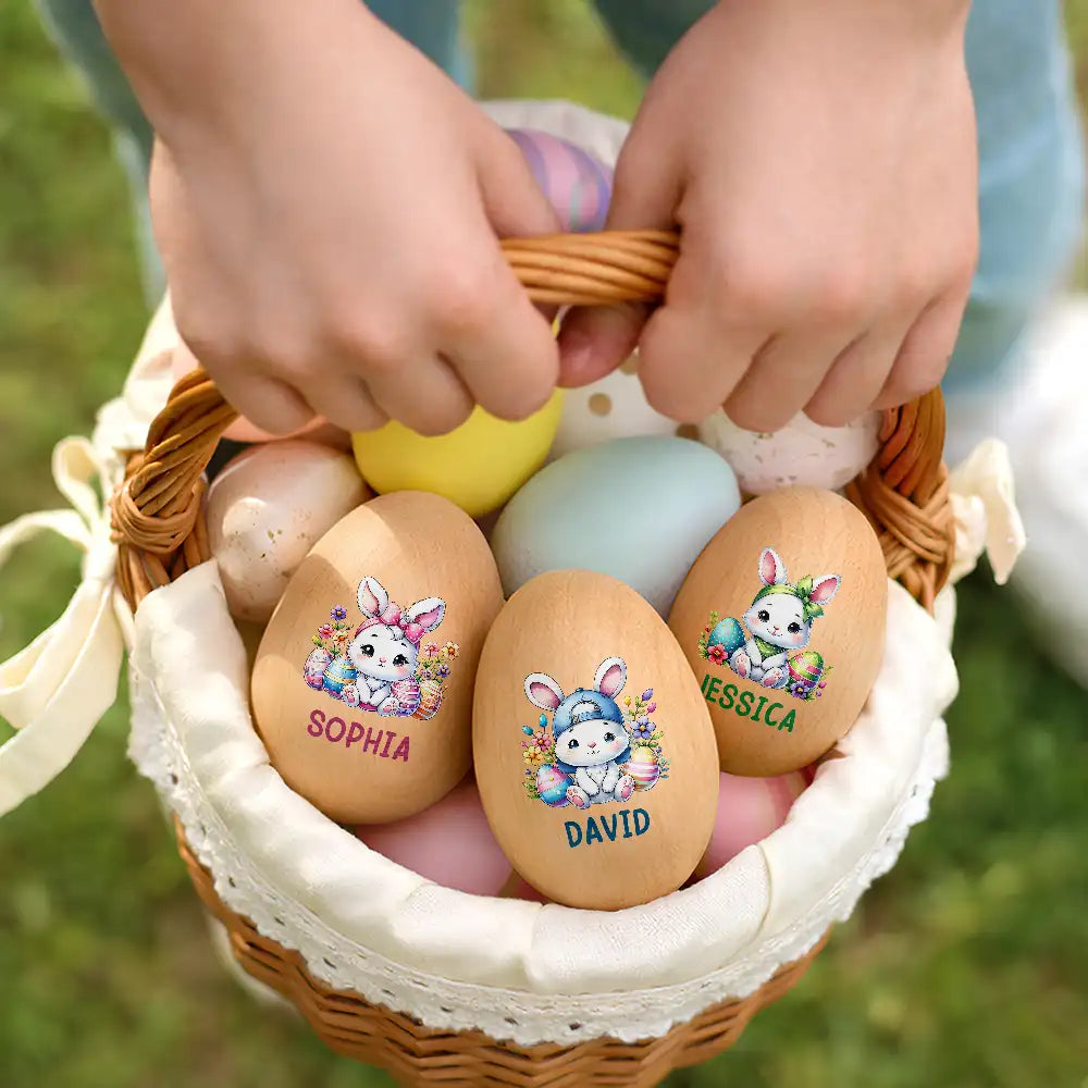 Easter,Non-Eng,Gift For Kids,Gift For Grandkids,Grandma - Grandkids,Grandpa - Grandkids,Dad - Children,Mom - Children,Happy - Custom Name With Watercolor Bunny Chicken - Personalized Musical Wooden Easter Egg Shaker
