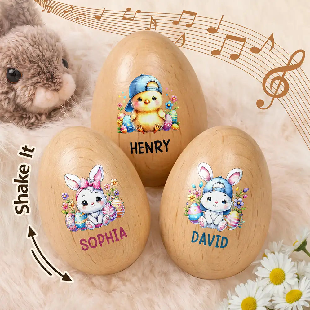 Easter,Non-Eng,Gift For Kids,Gift For Grandkids,Grandma - Grandkids,Grandpa - Grandkids,Dad - Children,Mom - Children,Happy - Custom Name With Watercolor Bunny Chicken - Personalized Musical Wooden Easter Egg Shaker