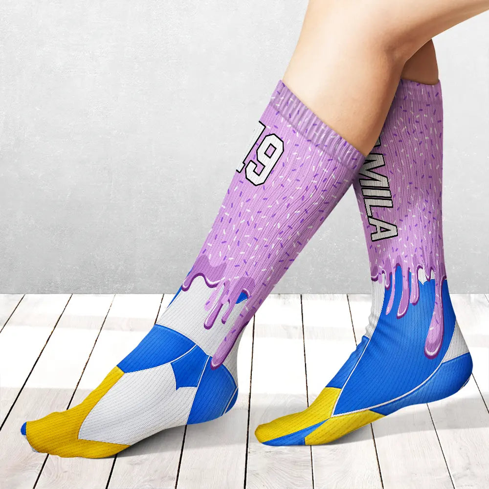 Top Market,Baseball,Playful,Christmas,Gift For Kids,Custom Text - Custom Name & Number Ice Cream Drip For Baseball Basketball Football Lovers - Personalized Socks