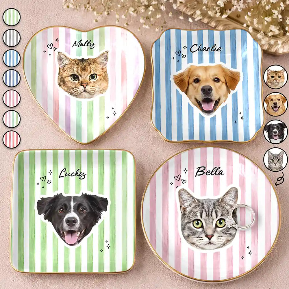 Pet Lovers,Pet Mom,Pet Dad,Pet Couple,Dog Lovers,Dog Mom,Dog Dad,Dog Couple,Cat Lovers,Cat Mom,Cat Dad,Cat Couple,Happy - Custom Outline Photo Pet Portrait Stripe Style - Personalized Ring Dish