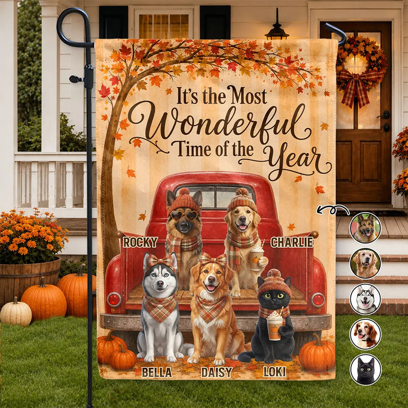 Art Design,Playful,Pet Lovers,Photo - 3D Human Pet Autumn Theme - Custom Photo 3D Autumn Concept Wonderful Time Of The Year - Personalized Flaga