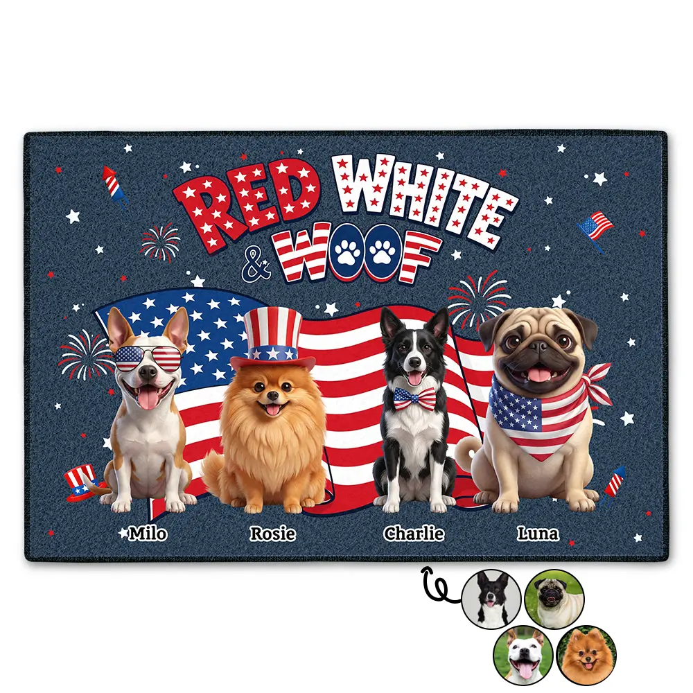 America 250th,Custom Photo,Independence Day,Art Design,Pet Lovers,Playful,Photo - US Theme Accessories 3D Cartoon - Custom Photo 3D Cartoon With US Accessories Red White Woof - Personalized Doormat