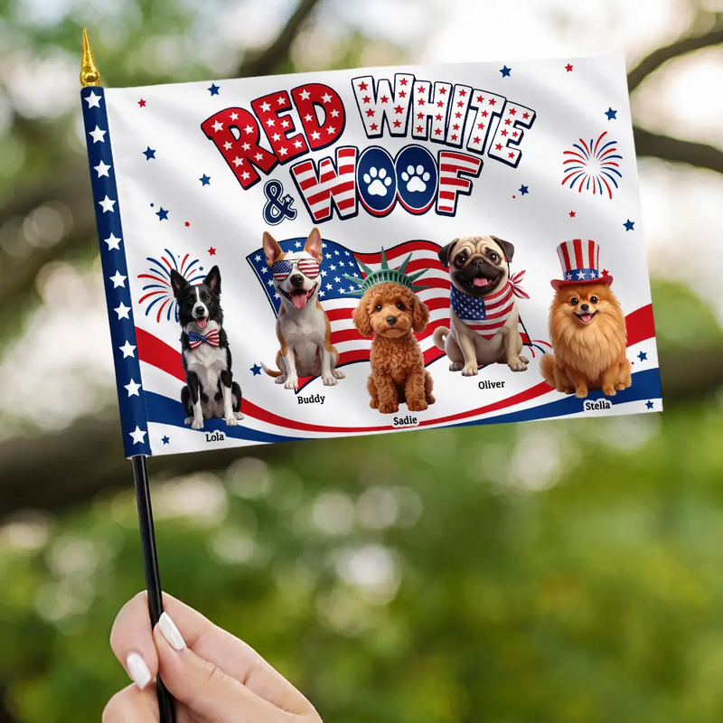 America 250th,Custom Photo,Independence Day,Art Design,Family,Proud,Photo - US Theme Accessories 3D Cartoon - Custom Photo 3D Cartoon With US Accessories Red White Woof - Personalized Handheld Flag