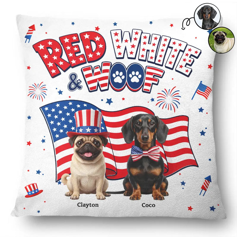 America 250th,Custom Photo,Independence Day,Art Design,Pet Lovers,Playful,Photo - US Theme Accessories 3D Cartoon - Custom Photo 3D Cartoon With US Accessories Red White Woof - Personalized Pillow