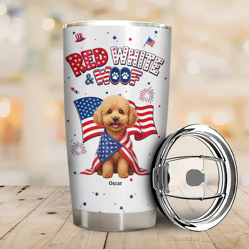 America 250th,Custom Photo,Independence Day,Art Design,Pet Lovers,Playful,Photo - US Theme Accessories 3D Cartoon - Custom Photo 3D Cartoon With US Accessories Red White Woof - Personalized Tumbler
