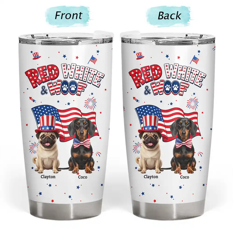America 250th,Custom Photo,Independence Day,Art Design,Pet Lovers,Playful,Photo - US Theme Accessories 3D Cartoon - Custom Photo 3D Cartoon With US Accessories Red White Woof - Personalized Tumbler