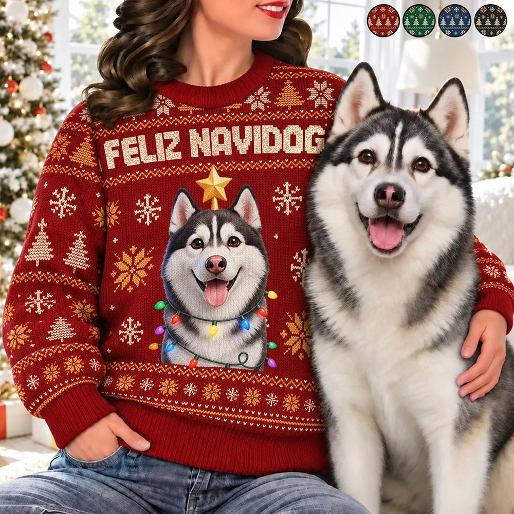 Custom Photo 3D Christmas Themed Pet Feliz Navidog Snowflake Pattern - Personalized Unisex Ugly Sweater