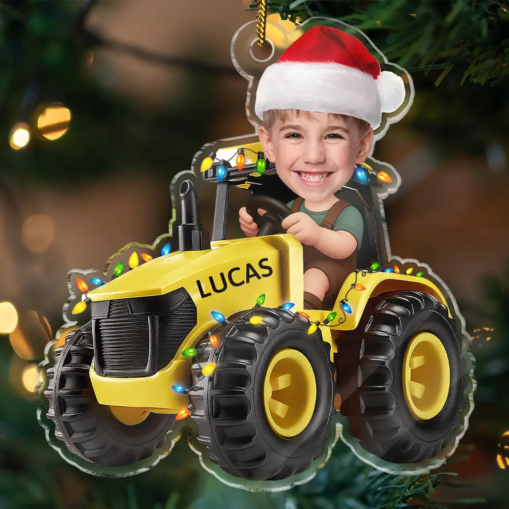 Farm,Christmas,Gift For Kids,Custom Photo - Custom Photo 3D Effect Tractor Farmer - Personalized Custom Shaped Acrylic Ornament