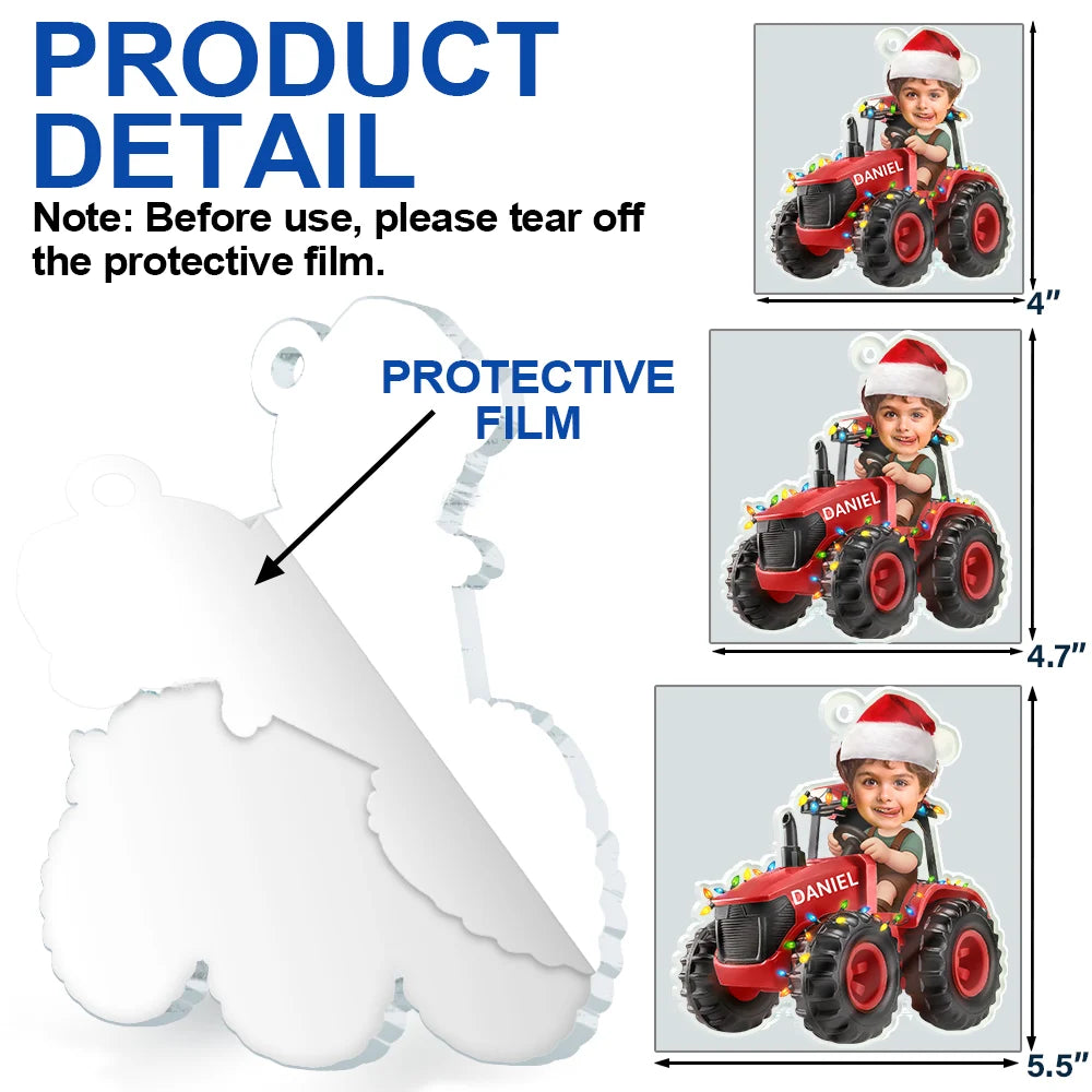 Farm,Christmas,Gift For Kids,Custom Photo - Custom Photo 3D Effect Tractor Farmer - Personalized Custom Shaped Acrylic Ornament