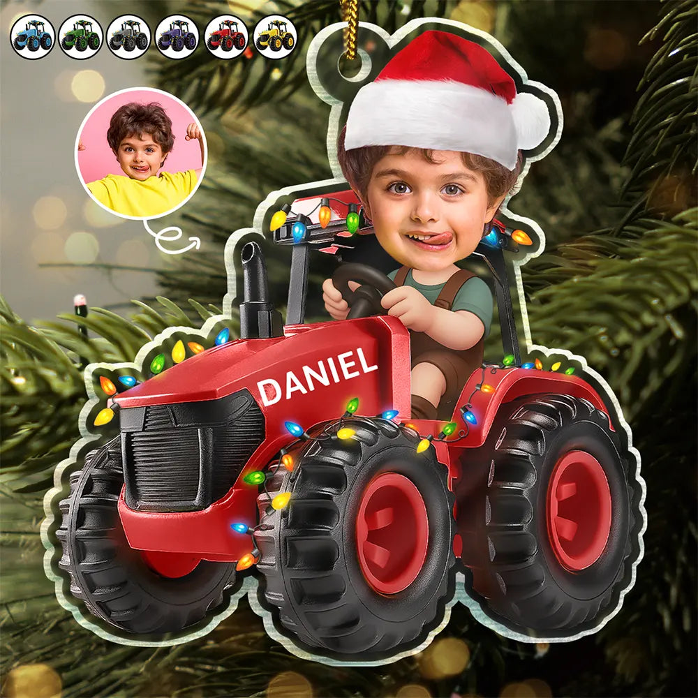Farm,Christmas,Gift For Kids,Custom Photo - Custom Photo 3D Effect Tractor Farmer - Personalized Custom Shaped Acrylic Ornament
