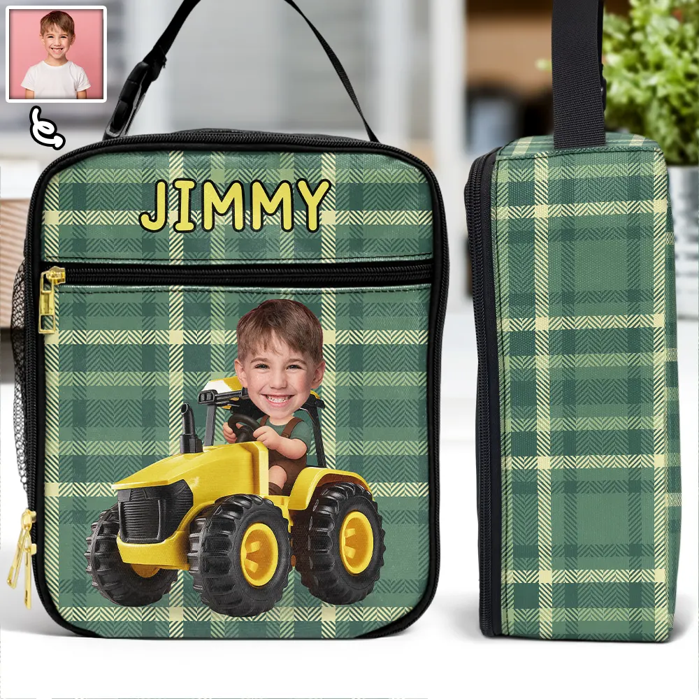 Farm,Gift For Kids,Custom Photo,Happy - Custom Photo 3D Effect Tractor Farmer - Personalized Kids Lunch Bag