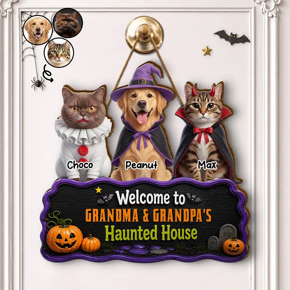 Custom Photo 3D Halloween Themed Pet Welcome To Haunted House - Personalized Custom Shaped Wood Sign