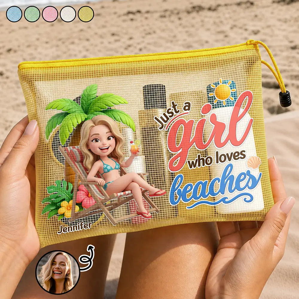 Custom Photo 3D Summer Concept Just A Girl Who Loves Beaches - Personalized Mesh Zipper Pouch