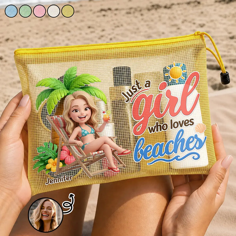 Art Design,Confident,Beach,Gift For Yourself,Summer,Gift For Women,Photo - Beach Chair 3D Effect - Custom Photo 3D Summer Concept Just A Girl Who Loves Beaches - Personalized Mesh Zipper Pouch