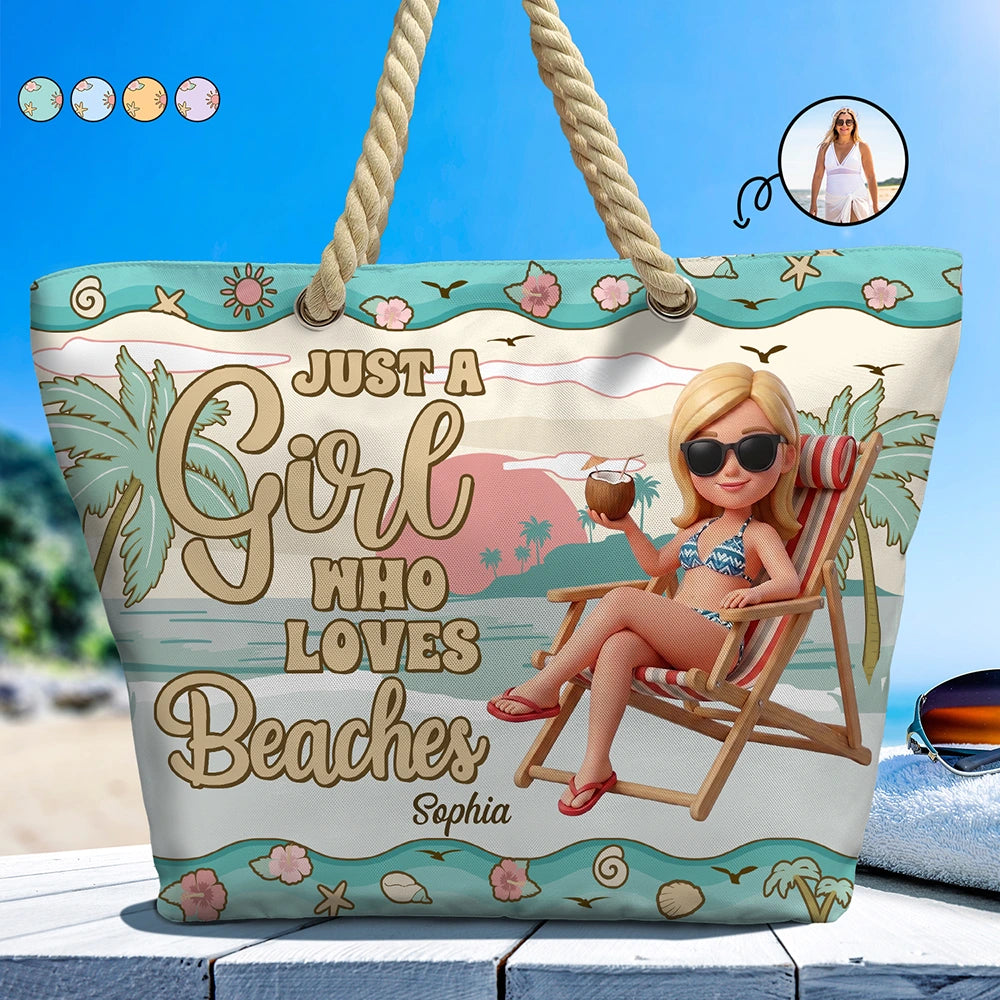Custom Photo, Beach, Art Design, Summer, Gift For Yourself, Playful, Photo - Beach Chair 3D Effect - Custom Photo 3D Summer Concept Just A Girl Who Loves Beaches - Personalized Beach Bag