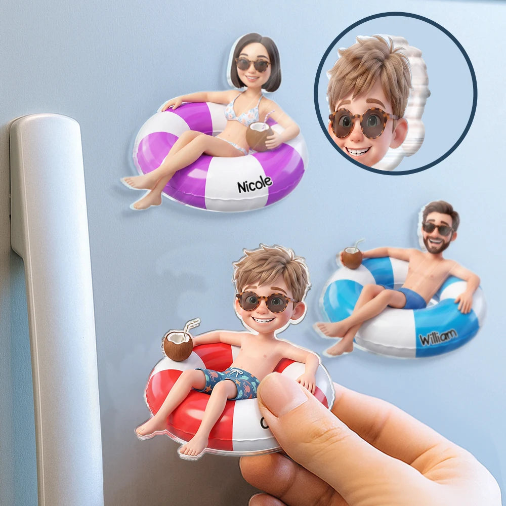 Custom Photo, Art Design, Summer, Family, Cruising, Adorable, Photo - Swimming Float 3D Effect - Custom Photo 3D Summer Concept Swimming Float Cruising - Personalized Acrylic Magnet