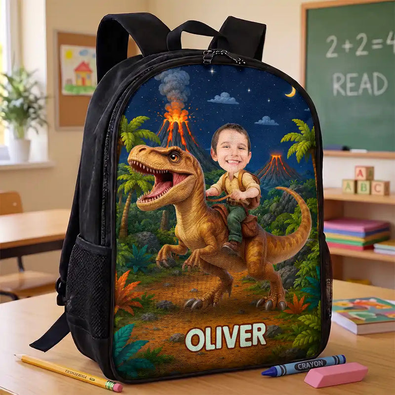 Top Market, Adorable, Back To School, Custom Photo, Gift For Kids, Cut-Face Photo - Custom Photo Adorable Kid Riding Dinosaur Flamingo Unicorn - Personalized Kids Backpack
