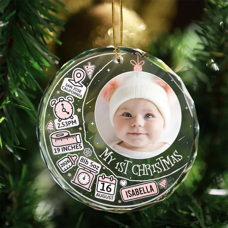 Custom Photo Baby First Christmas Information Icon - Personalized Circle Glass Ornament