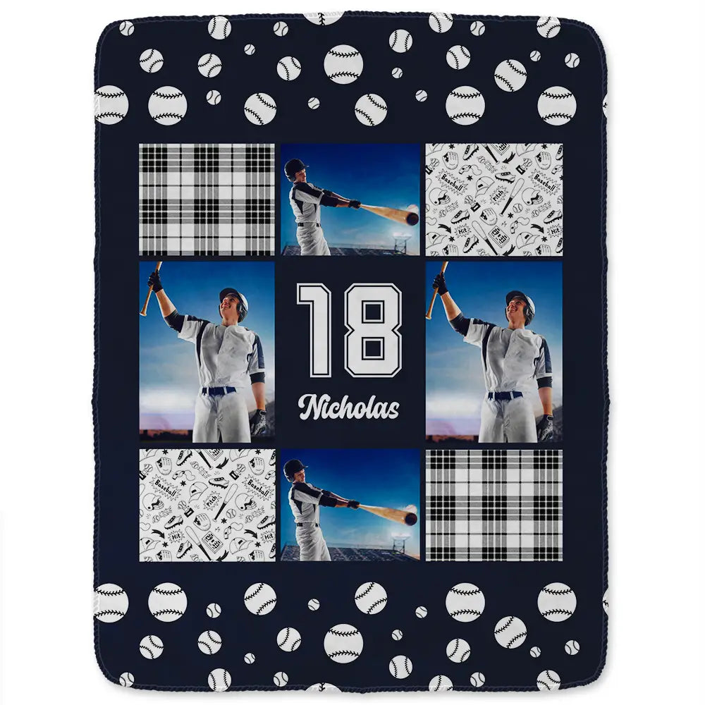 Custom Photo,Happy,Baseball,Gift For Kids - Custom Photo Baseball Pattern - Personalized Fleece Blanket, Sherpa Blanket