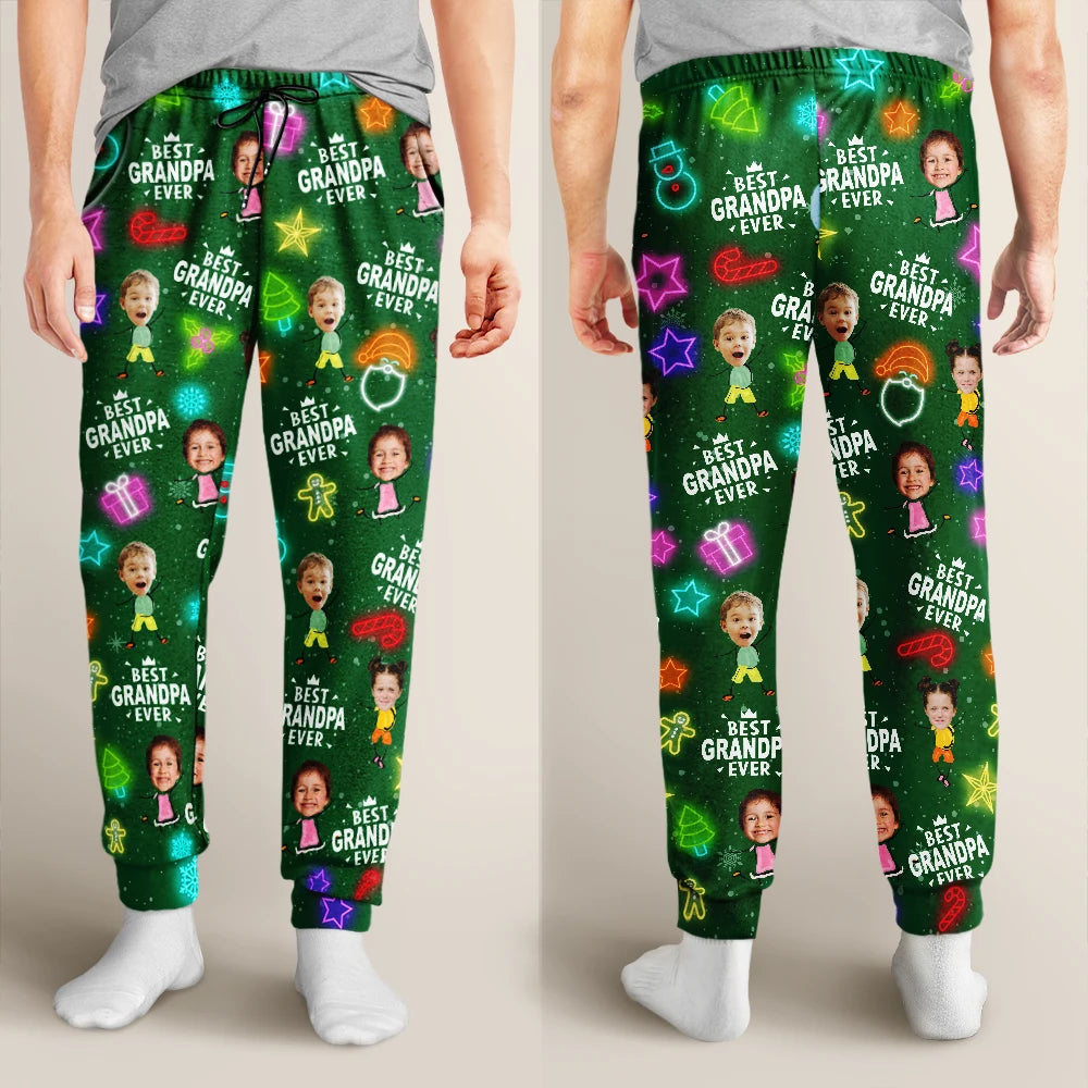 Christmas,Family,Custom Photo,Gift For Father,Gift For Mother,Happy - Custom Photo Best Dad Ever Neon Style - Personalized Pajama Pants