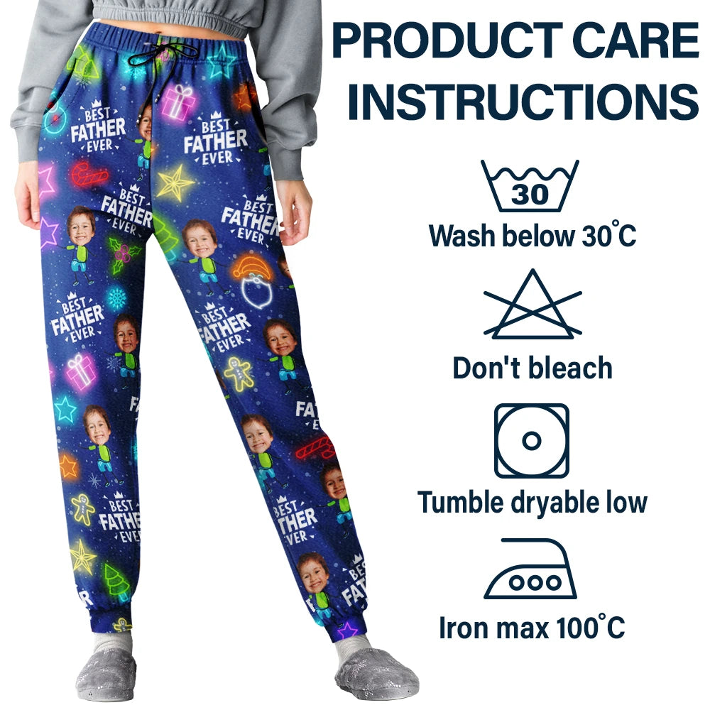 Christmas,Family,Custom Photo,Gift For Father,Gift For Mother,Happy - Custom Photo Best Dad Ever Neon Style - Personalized Pajama Pants