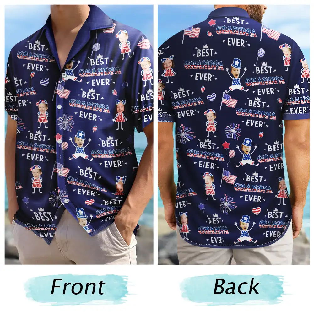 Gift For Father,Gift For Grandpa,Gift For Mother,Gift For Grandma,Independence Day,Top Market,Photo,Icon,Proud - Custom Photo Best Dad Ever USA Flag - Personalized Hawaiian Shirt