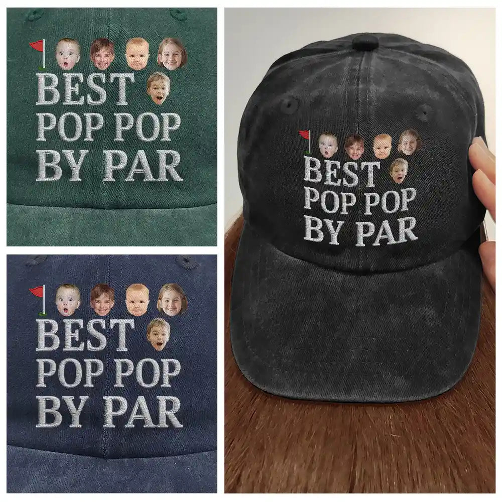 Gift For Father,Gift For Husband,Golf,Dad's Hobby,Gift For Men,Gift For Yourself - Custom Photo Best Daddy By Par - Personalized Vintage Washed Denim Cap