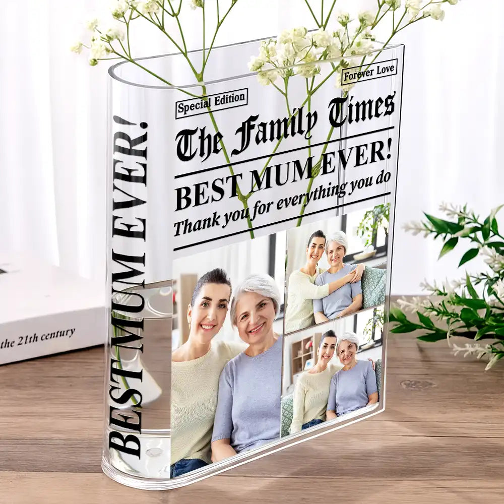 Gift For Father,Gift For Mother,Gift For Women,Gift For Men,Love - Custom Photo Best Mom Dad Ever Newspaper Theme - Personalized Acrylic Book Vase