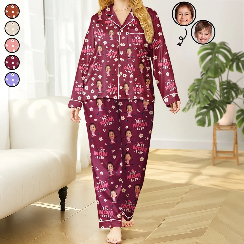 Custom Photo Best Mom Grandma Ever Flower Pattern - Personalized Satin Pajama Set