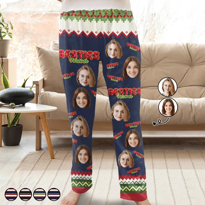 Gift For Bestie,Christmas,Happy,Gift For Sisters,Gift For Brothers,Gift For Sibling,Cousin - Custom Photo Besties Friends Siblings Forever - Personalized Pajama Pants