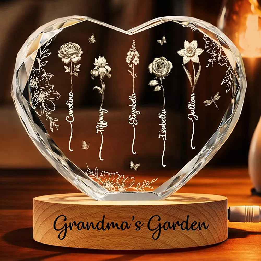 Birth Flower Grandma's Garden - Personalized Crystal Heart Shaped Lamp
