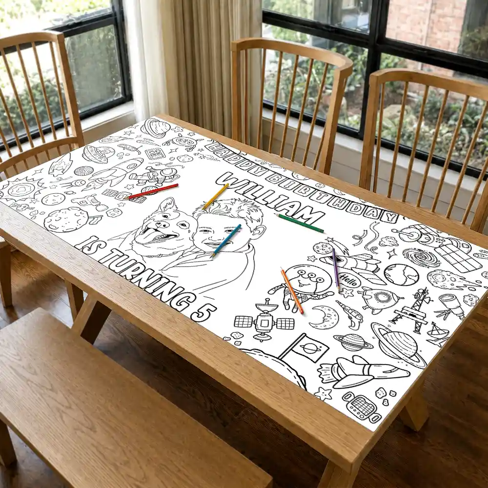 Art Design,Playful,Back To School,Gift For Kids,Photo - Outline Sketch,Icon - Custom Photo Birthday Boy Girl Outline Sketch - Personalized Coloring Tablecloth