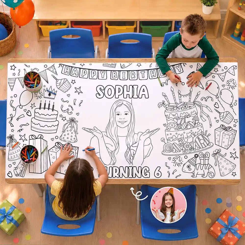 Art Design,Playful,Back To School,Gift For Kids,Photo - Outline Sketch,Icon - Custom Photo Birthday Boy Girl Outline Sketch - Personalized Coloring Tablecloth