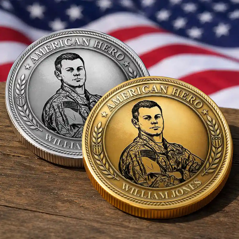 America 250th,Custom Photo,Independence Day,Art Design,Family,Proud,Photo - Pencil Sketch - Bold - Custom Photo Bold Sketch American Hero 250 Years Of Freedom - Personalized Commemorative Keepsake Coin