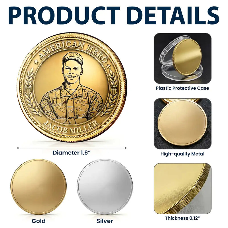 America 250th,Custom Photo,Independence Day,Art Design,Family,Proud,Photo - Pencil Sketch - Bold - Custom Photo Bold Sketch American Hero 250 Years Of Freedom - Personalized Commemorative Keepsake Coin