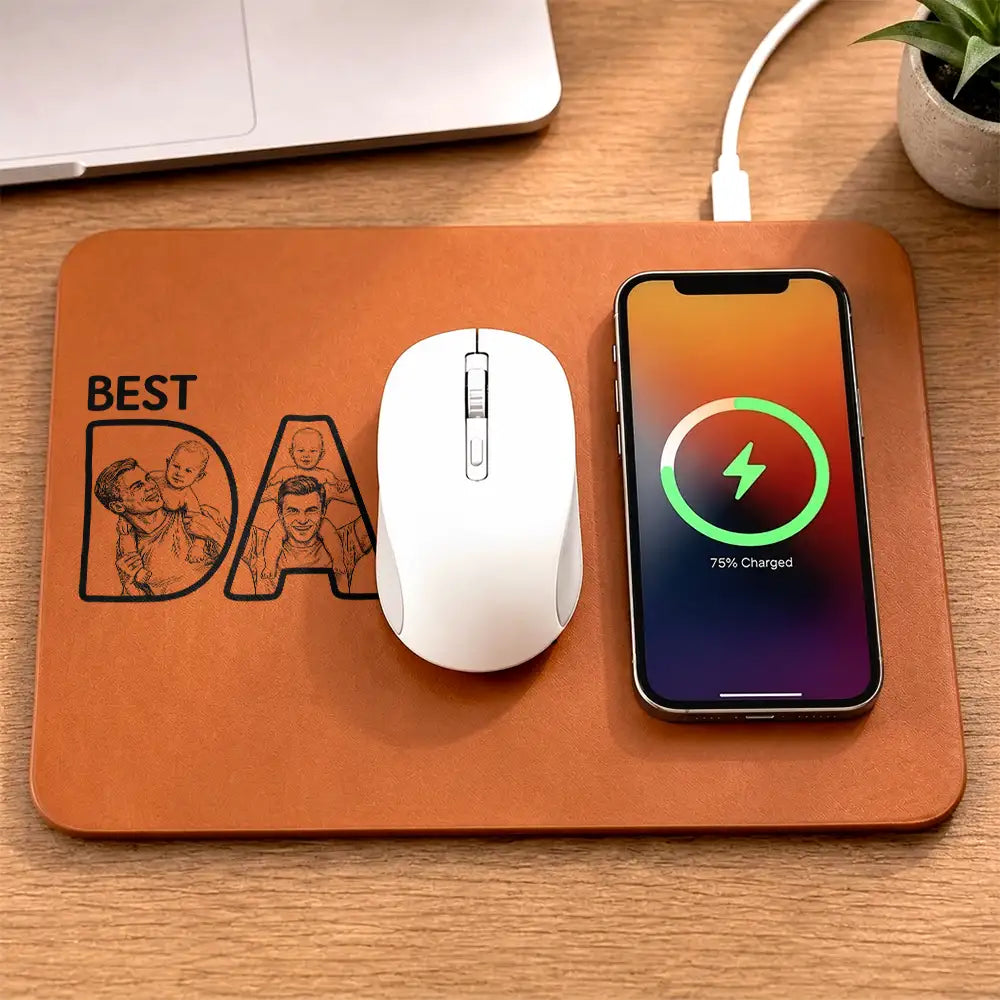 Gift For Husband,Gift For Yourself,Gift For Men,Gift For Father,Non-Eng,Photo - Pencil Sketch (Bold),Cozy - Custom Photo Bold Sketch Best Dad Ever - Personalized Leather Charging Mat