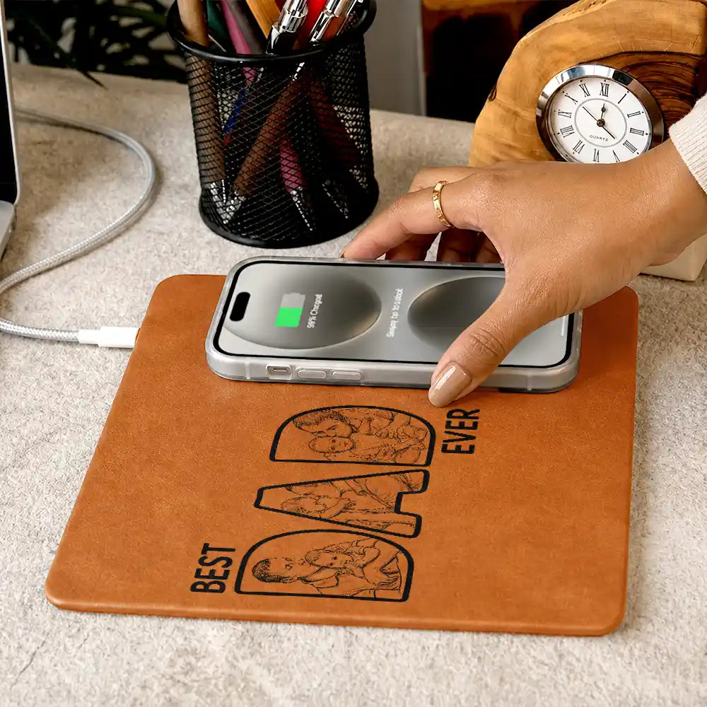 Gift For Husband,Gift For Yourself,Gift For Men,Gift For Father,Non-Eng,Photo - Pencil Sketch (Bold),Cozy - Custom Photo Bold Sketch Best Dad Ever - Personalized Leather Charging Mat