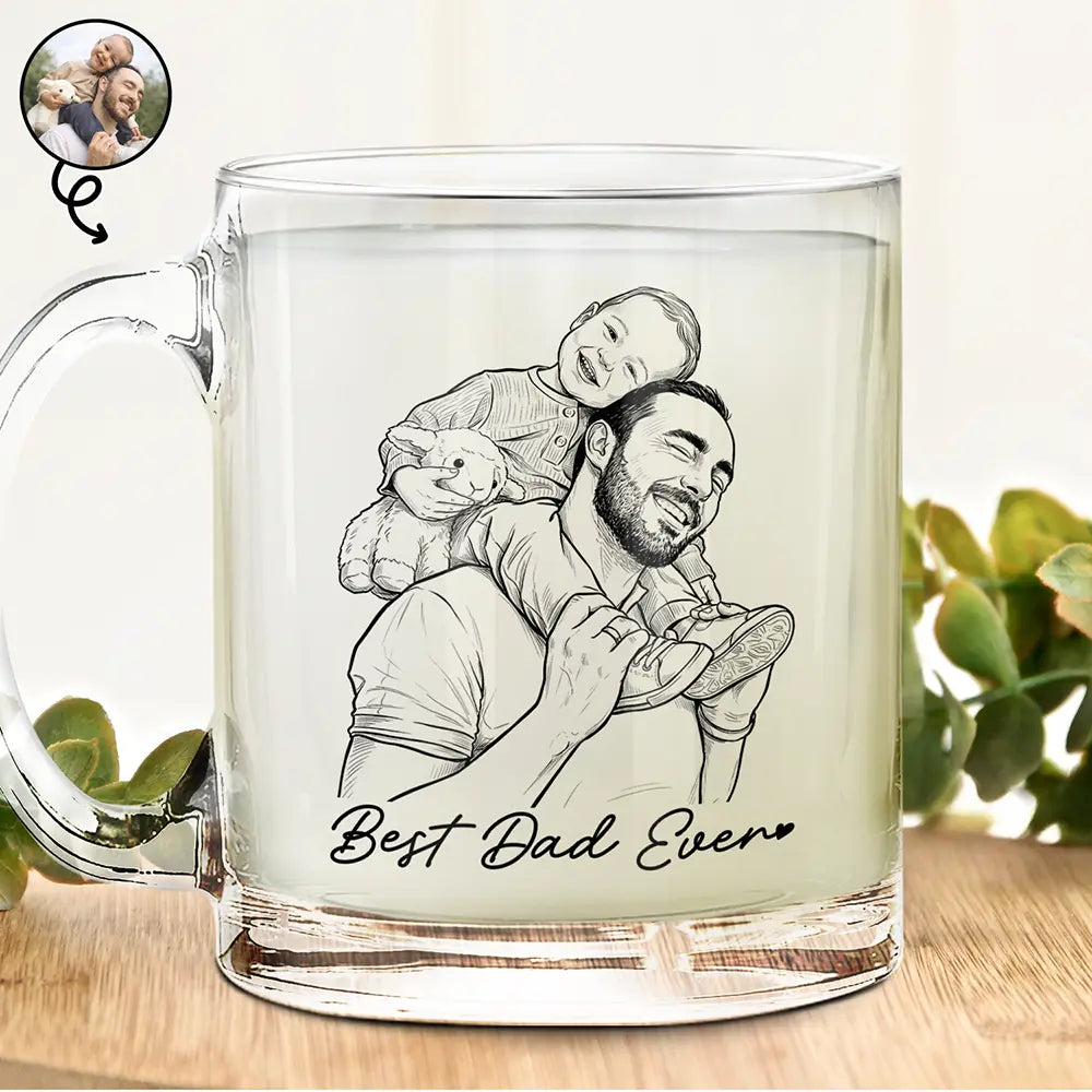Custom Photo Bold Sketch Best Dad Grandpa Ever Family Portrait - Personalized Glass Mug