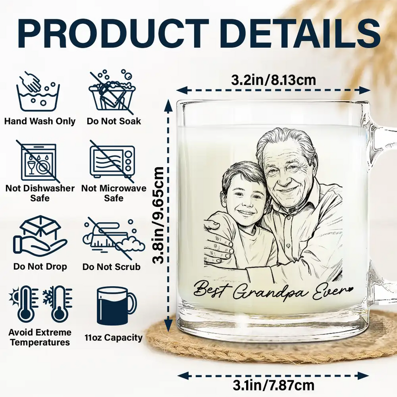Gift For Father,Gift For Grandpa,Non-Eng,Photo - Pencil Sketch (Bold),Proud - Custom Photo Bold Sketch Best Dad Grandpa Ever Family Portrait - Personalized Glass Mug