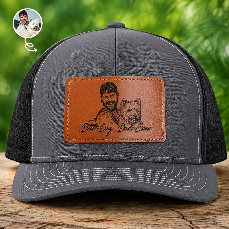 Pet Lovers,Pet Dad,Dog Lovers,Dog Dad,Cat Lovers,Cat Dad,Non-Eng,Photo - Pencil Sketch (Bold),Adorable - Custom Photo Bold Sketch Best Dog Dad Ever - Personalized Leather Patch Hat
