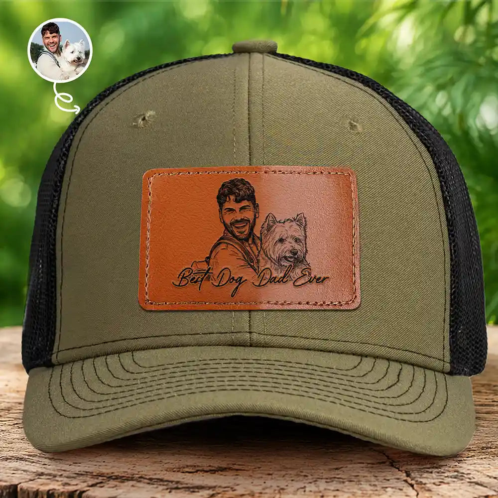 Custom Photo Bold Sketch Best Dog Dad Ever - Personalized Leather Patch Hat
