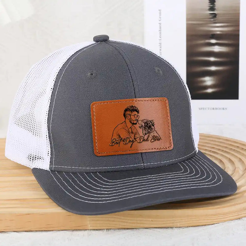 Pet Lovers,Pet Dad,Dog Lovers,Dog Dad,Cat Lovers,Cat Dad,Non-Eng,Photo - Pencil Sketch (Bold),Adorable - Custom Photo Bold Sketch Best Dog Dad Ever - Personalized Leather Patch Hat