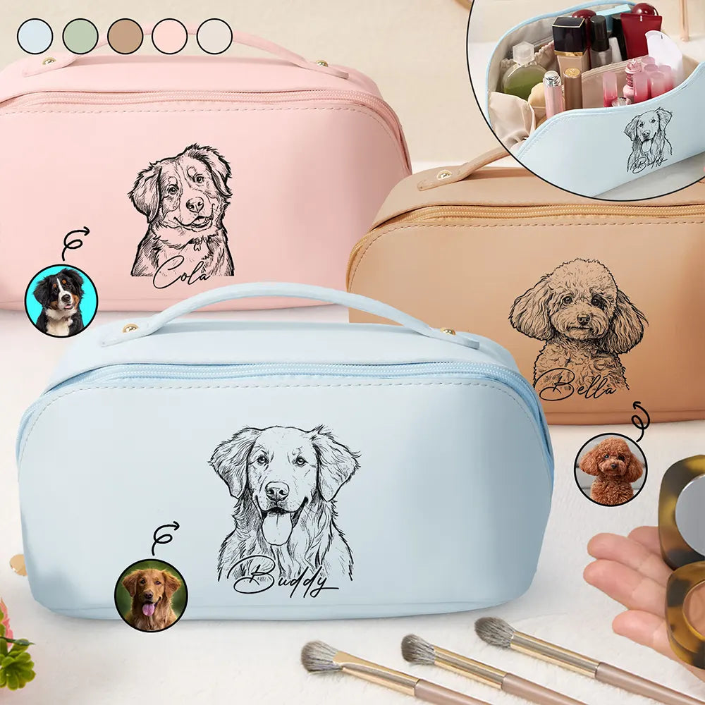 Custom Photo Bold Sketch Besties Pet Funny Portrait - Personalized Leather Makeup Bag