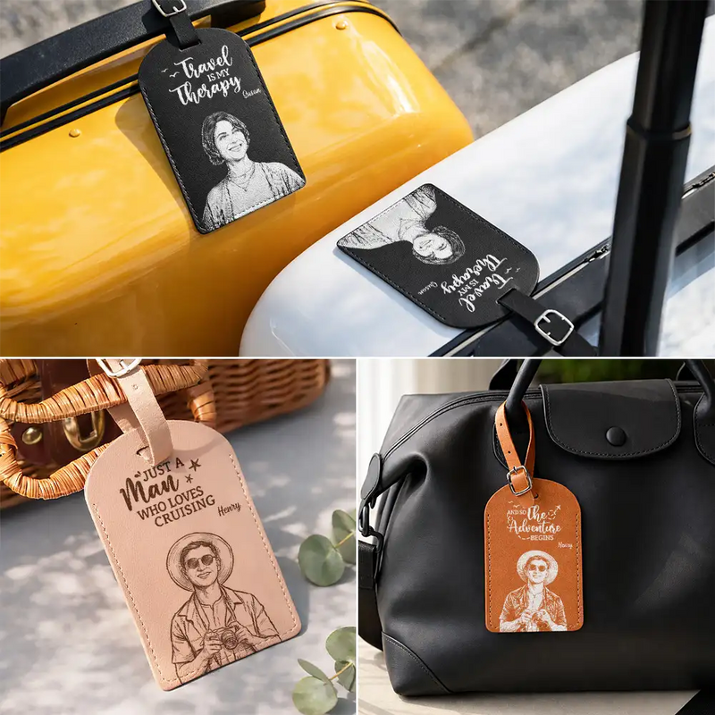 Custom Photo, Beach, Art Design, Summer, Pet Lovers, Playful, Photo - Pencil Sketch - Bold - Custom Photo Bold Sketch Couple Besties Dog Cat Funny Portrait - Personalized Leather Luggage Tag