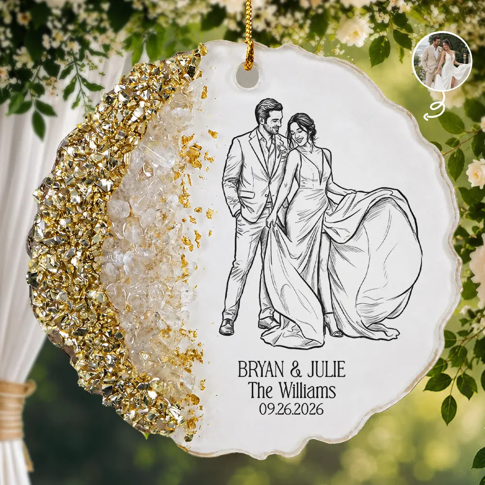 Custom Photo Bold Sketch Couples Wedding Engaged Bachelor Party - Personalized Resin Ornament