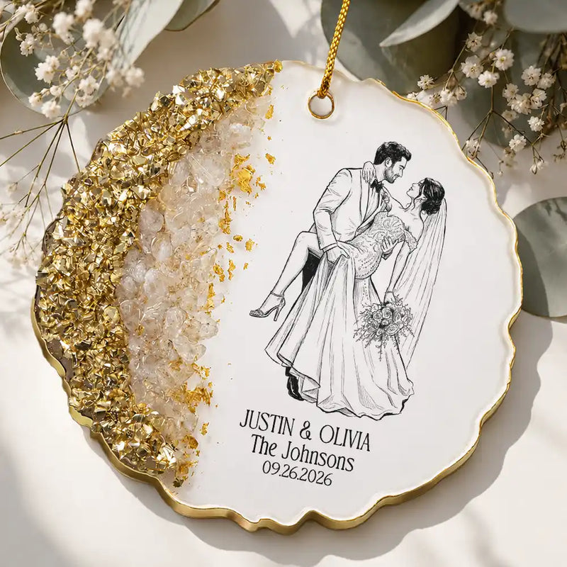 Art Design,Custom Photo,Romantic,Gift For Couples,Wedding,Photo - Pencil Sketch - Bold - Custom Photo Bold Sketch Couples Wedding Engaged Bachelor Party - Personalized Resin Ornament