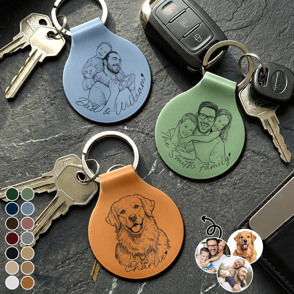 Custom Photo Bold Sketch Family Besties Dog Cat Portrait - Personalized Custom Shaped Leather Keychain
