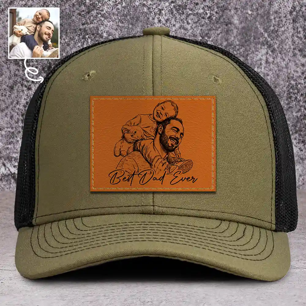 Gift For Father,Gift For Grandpa,Non-Eng,Photo - Pencil Sketch (Bold),Proud - Custom Photo Bold Sketch Family Dad Papa Portrait - Personalized Leather Patch Hat