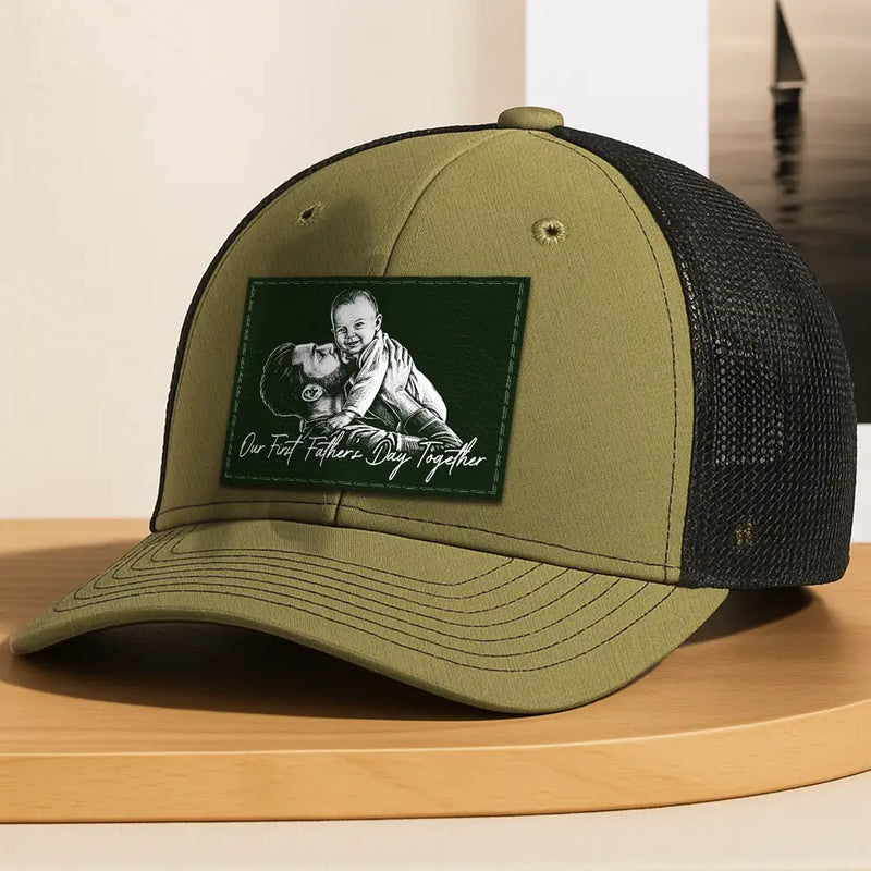 Gift For Father,Gift For Grandpa,Non-Eng,Photo - Pencil Sketch (Bold),Proud - Custom Photo Bold Sketch Family Dad Papa Portrait - Personalized Leather Patch Hat