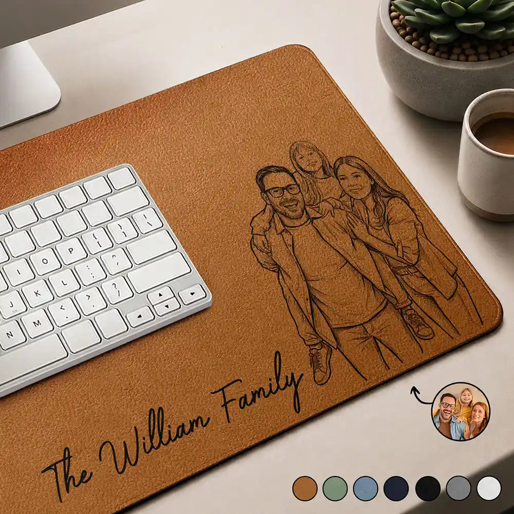 Custom Photo Bold Sketch Family Where Life Begins - Personalized Leather Desk Mat